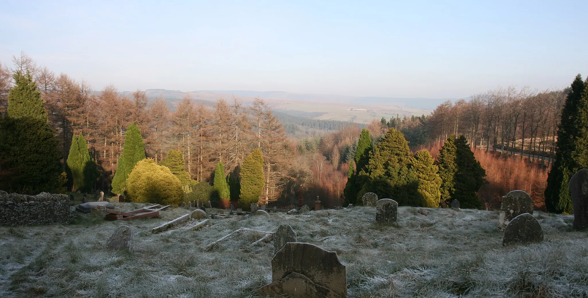 Photo showing: Llanwonno Forestry in Winter, taken from St Gwynno's Church