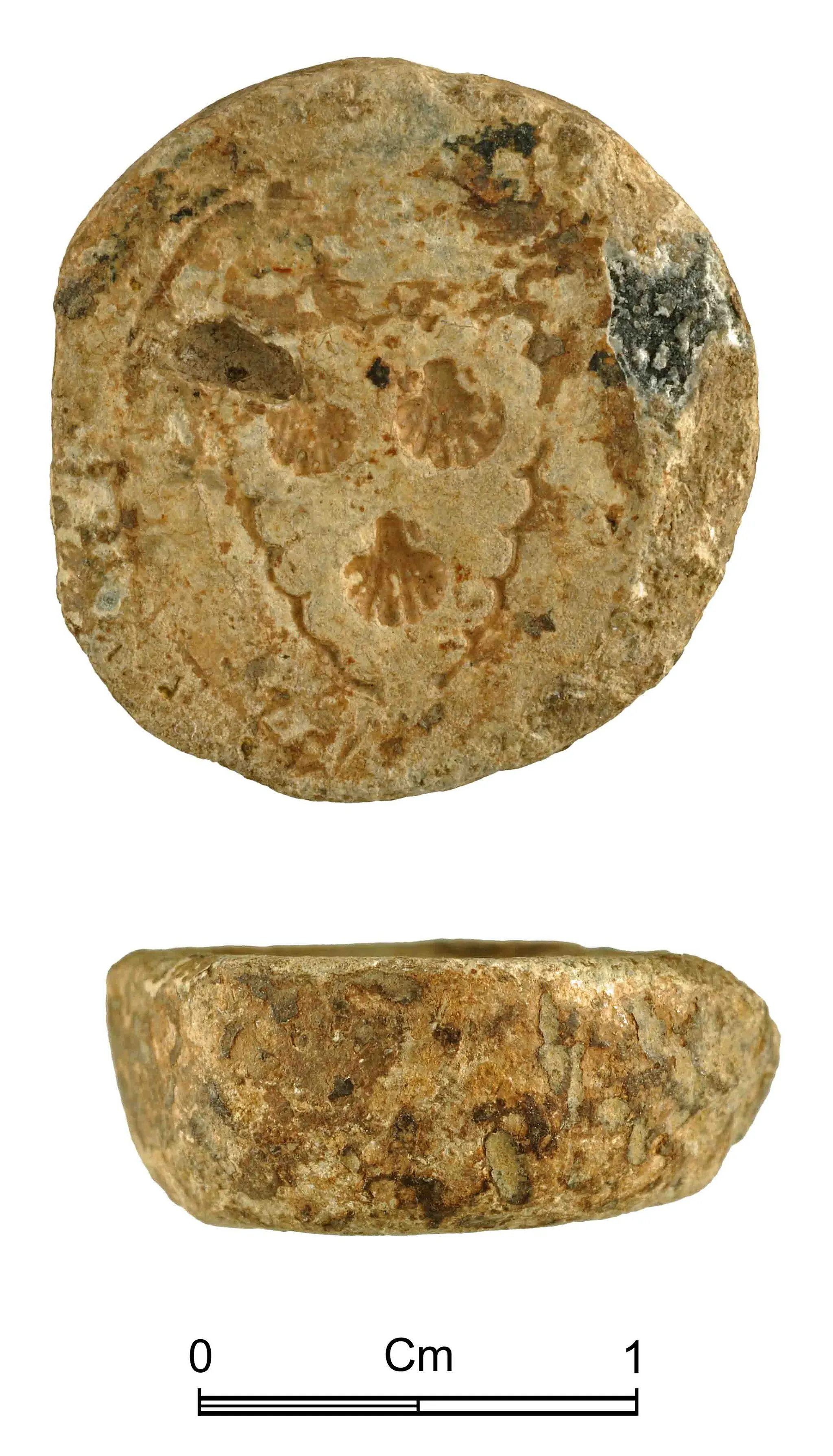 Photo showing: Decorated lead weight of medieval to post medieval date

The weight is of circular form (17.3mm diameter and 6.7mm deep) and weighs 12.8g (equivalent to 0.4515 ounce). The sides converge slightly to the base and is rounded. The top face has punched decoration, comprising a circular border. The interior is decorated with a shield device with a punched wavy outline. The interior of the shield contains three punched scallop shells. No other decoration is evident.
The weight was likely to have been a half-ounce weight but of an uncertain weight system. The scallop shell is associated with pilgrimage while in heraldry a shield containing three scallop shells is associated with the Dacre coat of arms although the device may not be linked to the Dacre family.