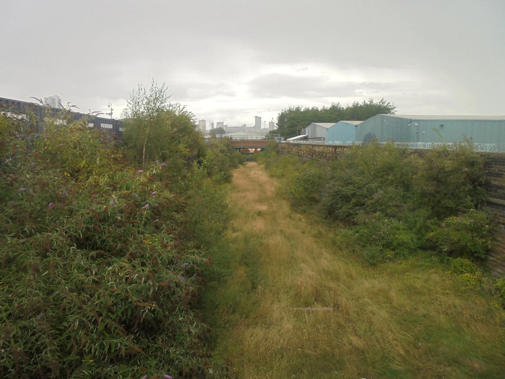 Photo showing: Cutting for the former railway to the Crown Point goods yard, Leeds, West Yorkshire.  Taken on the afternoon of Friday the 10th of August 2018.  There was once a lot of storage containers kept here however they appear to have gone.