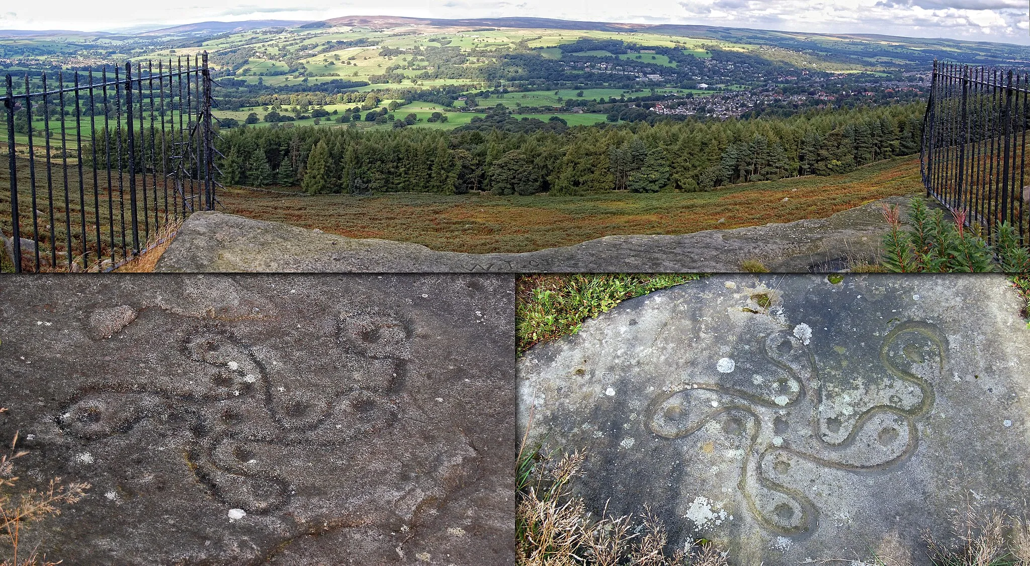 Photo showing: Situated on Woodhouse Crag on Ilkley Moor, the stone has a double outline of a swastika with ten cups fitting within the five curved arms. The design is similar to art of the Celtic Iron Age period but could have been carved as early as the Bronze Age, as with other markings in the vicinity. It is pictured here on the bottom left of the image. The right hand carving is a Victorian imitation, situated beside the original, to better illustrate its appearance.  What the stone's design means is unclear, although it is known that in many ancient civilizations the swastika is recognised as a symbol relating to the sun.