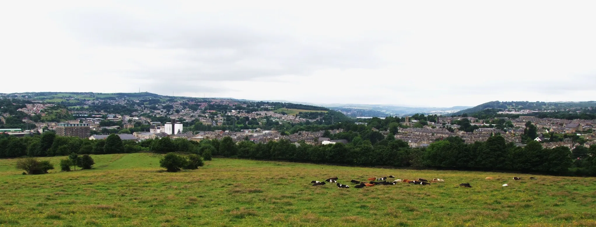 Photo showing: View of Brighouse in Calderdale, West Yorkshire, England. Phot taken from Thornhill Lane overlooking the town from the east.