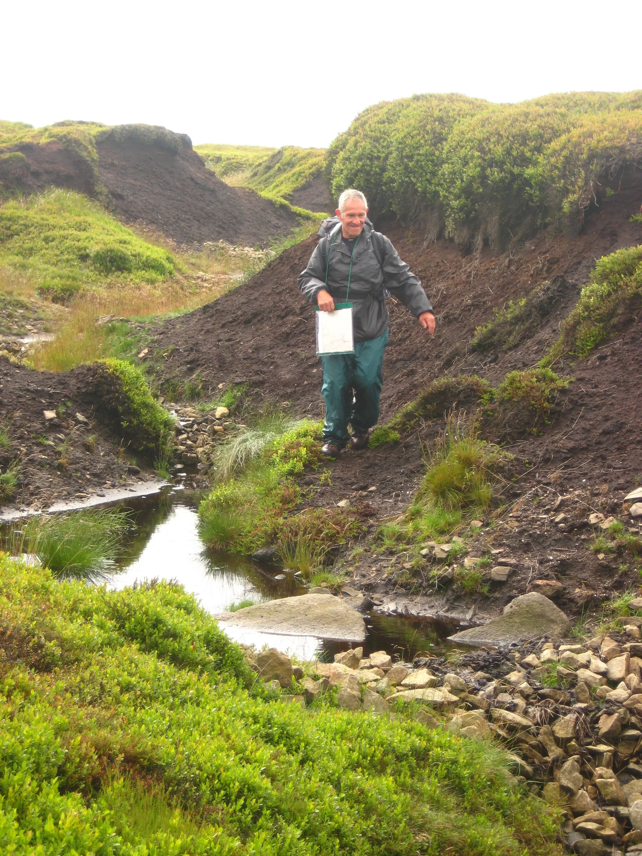 Photo showing: Descending eroded peat gully on east flank of Bleaklow. This image demonstrates the depth of peat on Bleaklow, as well as recent efforts at gullly-blocking and damming to re-wet and restore the moorland habitat. Picture taken whilst walking the Derwent Watershed Route.
