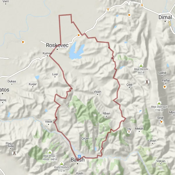 Map miniature of "Roskovec - Pike Veshtrimi - Mbeturinat e Kishes Paleikristiane të Shën Marisë" cycling inspiration in Jug, Albania. Generated by Tarmacs.app cycling route planner