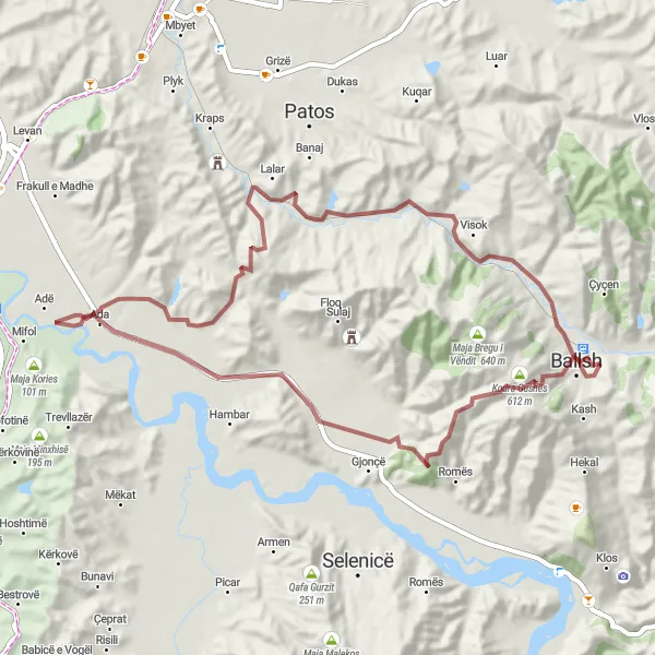 Map miniature of "Ballsh - Maja Goricës së Kasemit - Maja Baxhajës - Mbeturinat e Kishes Paleikristiane të Shën Marisë" cycling inspiration in Jug, Albania. Generated by Tarmacs.app cycling route planner