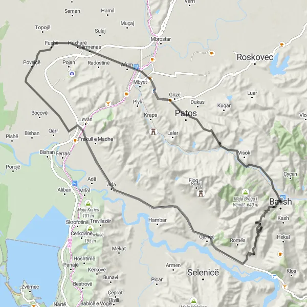 Map miniature of "Ballsh to Patos Loop" cycling inspiration in Jug, Albania. Generated by Tarmacs.app cycling route planner