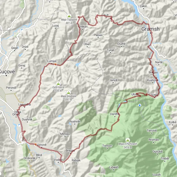 Map miniature of "Berat to Maja Gji-Kaçes Gravel Route" cycling inspiration in Jug, Albania. Generated by Tarmacs.app cycling route planner