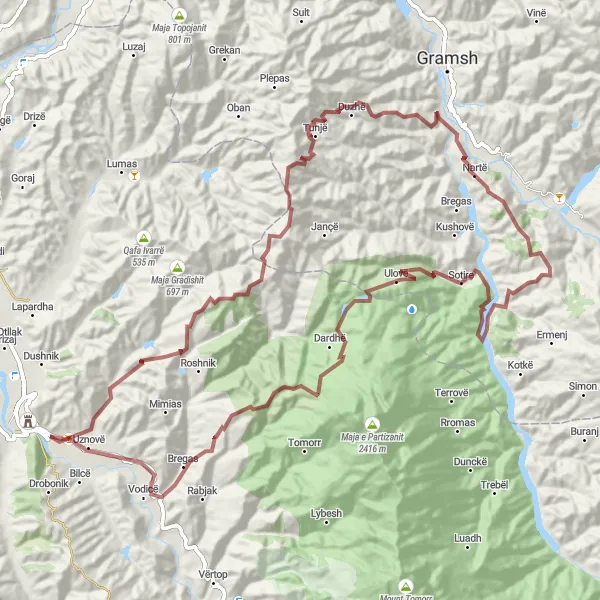 Map miniature of "The Gravel Adventure" cycling inspiration in Jug, Albania. Generated by Tarmacs.app cycling route planner