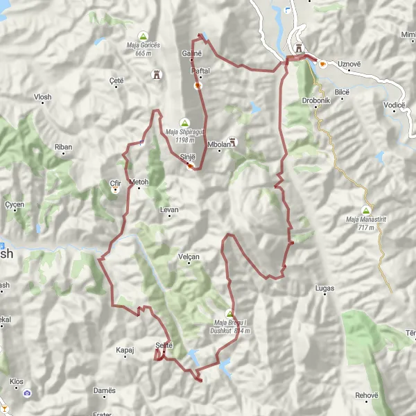 Map miniature of "The Untamed Gravel Descent" cycling inspiration in Jug, Albania. Generated by Tarmacs.app cycling route planner