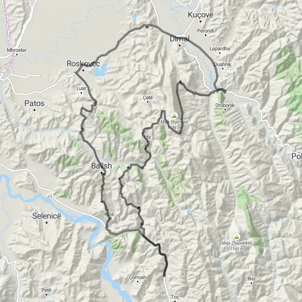 Map miniature of "The Serpentine Roads" cycling inspiration in Jug, Albania. Generated by Tarmacs.app cycling route planner