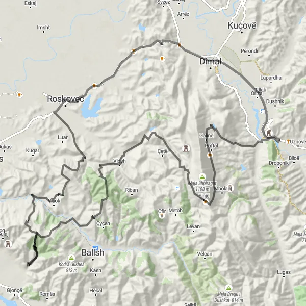 Map miniature of "The Ultimate Challenge: Berat to Kodra Billës" cycling inspiration in Jug, Albania. Generated by Tarmacs.app cycling route planner