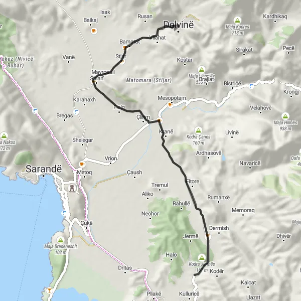 Map miniature of "Jug Cycle Route 5" cycling inspiration in Jug, Albania. Generated by Tarmacs.app cycling route planner