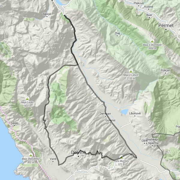 Map miniature of "Road cycling route to Maja Qelefunit" cycling inspiration in Jug, Albania. Generated by Tarmacs.app cycling route planner