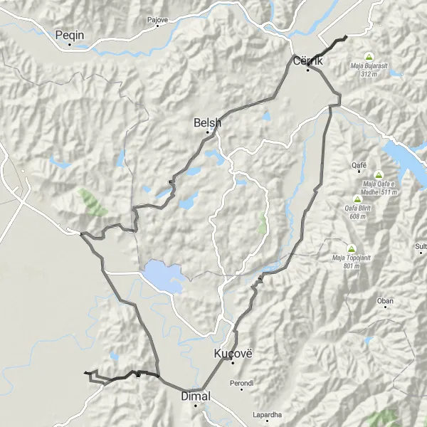 Map miniature of "The Challenging Route of Kodra Çilit" cycling inspiration in Jug, Albania. Generated by Tarmacs.app cycling route planner