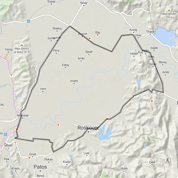 Map miniature of "Fier Loop" cycling inspiration in Jug, Albania. Generated by Tarmacs.app cycling route planner