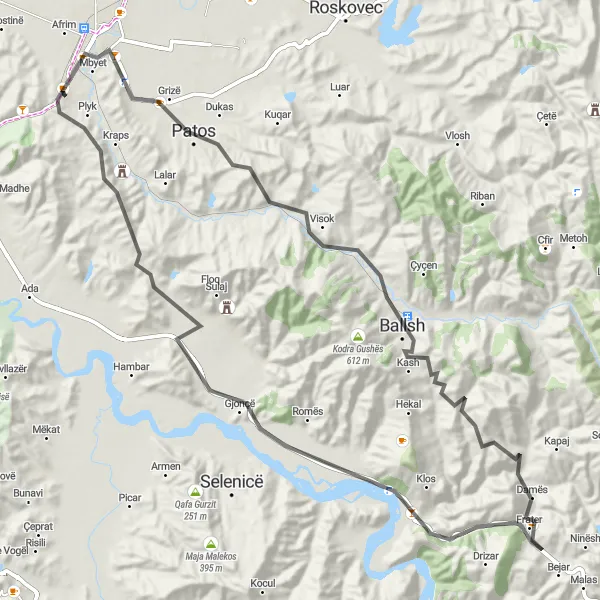 Map miniature of "Fier to Ballsh and back" cycling inspiration in Jug, Albania. Generated by Tarmacs.app cycling route planner