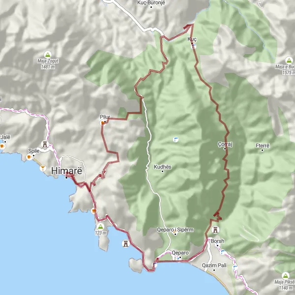 Map miniature of "Gravel Route to Maja Qytezës" cycling inspiration in Jug, Albania. Generated by Tarmacs.app cycling route planner