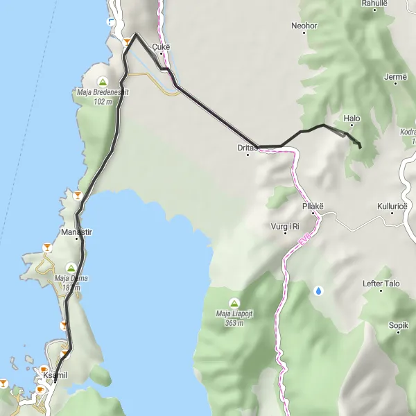 Map miniature of "Ksamil Coastline Loop" cycling inspiration in Jug, Albania. Generated by Tarmacs.app cycling route planner