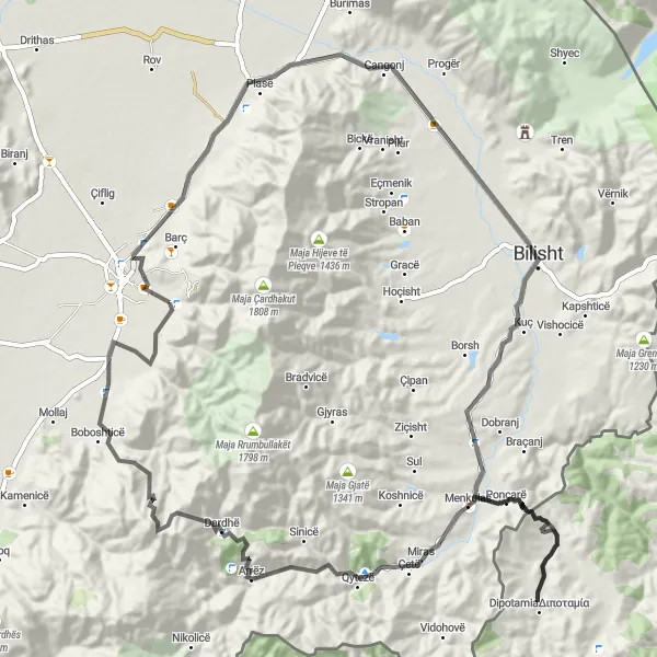 Map miniature of "Mountainous Wonders of Albania" cycling inspiration in Jug, Albania. Generated by Tarmacs.app cycling route planner