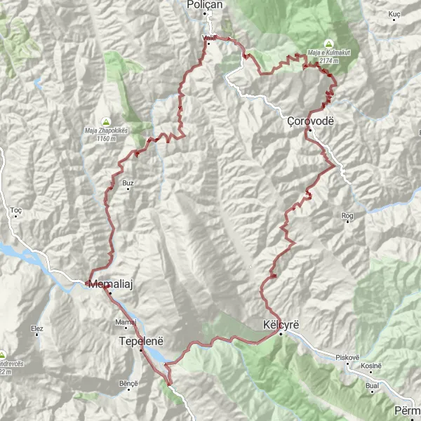 Map miniature of "Thrilling Gravel Adventure across Majestic Mountains" cycling inspiration in Jug, Albania. Generated by Tarmacs.app cycling route planner