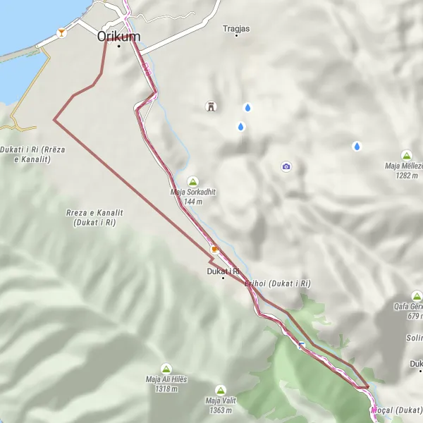 Map miniature of "Gravel Adventure to Rrënoja" cycling inspiration in Jug, Albania. Generated by Tarmacs.app cycling route planner