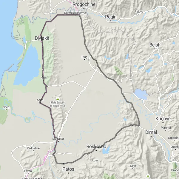 Map miniature of "Divjakë-Çukas i Vjetër Bike Route" cycling inspiration in Jug, Albania. Generated by Tarmacs.app cycling route planner