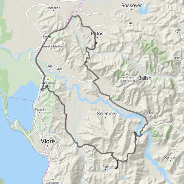 Map miniature of "Maja Bregut të Madh and Maja Kories Adventure" cycling inspiration in Jug, Albania. Generated by Tarmacs.app cycling route planner