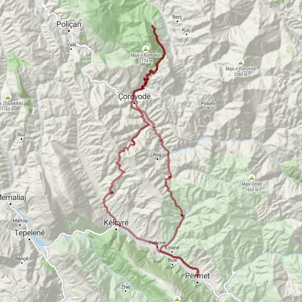 Map miniature of "The Mountain Challenge" cycling inspiration in Jug, Albania. Generated by Tarmacs.app cycling route planner