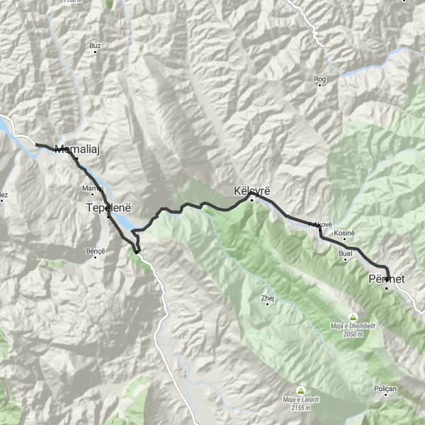 Map miniature of "Road to Kelcyre Castle" cycling inspiration in Jug, Albania. Generated by Tarmacs.app cycling route planner