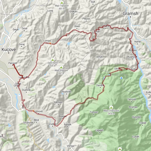 Map miniature of "Maja Flamurit - Berat" cycling inspiration in Jug, Albania. Generated by Tarmacs.app cycling route planner