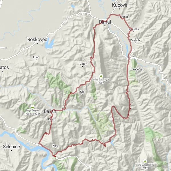 Map miniature of "The Gravel Adventure" cycling inspiration in Jug, Albania. Generated by Tarmacs.app cycling route planner