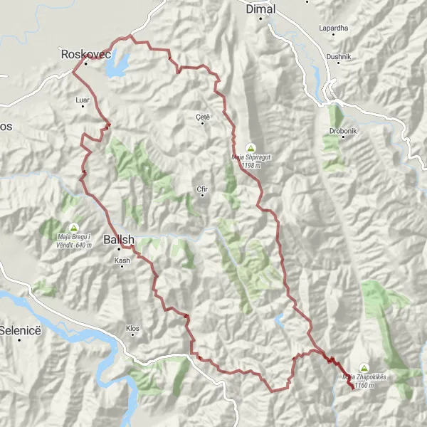 Map miniature of "Untamed Beauty: Roskovec - Ballsh Gravel Cycling Route" cycling inspiration in Jug, Albania. Generated by Tarmacs.app cycling route planner