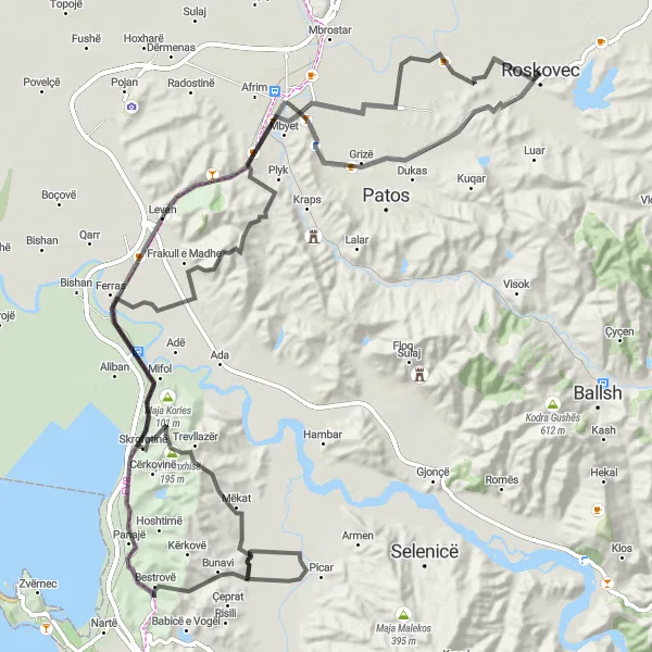 Map miniature of "Discovery of the Majestic Mountains: Roskovec - Fier Road Cycling Route" cycling inspiration in Jug, Albania. Generated by Tarmacs.app cycling route planner