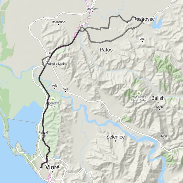 Map miniature of "Roskovec - Fier Road Cycling Route" cycling inspiration in Jug, Albania. Generated by Tarmacs.app cycling route planner