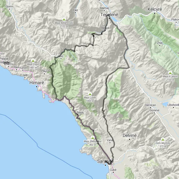 Map miniature of "Coastline and Mountain Peaks" cycling inspiration in Jug, Albania. Generated by Tarmacs.app cycling route planner