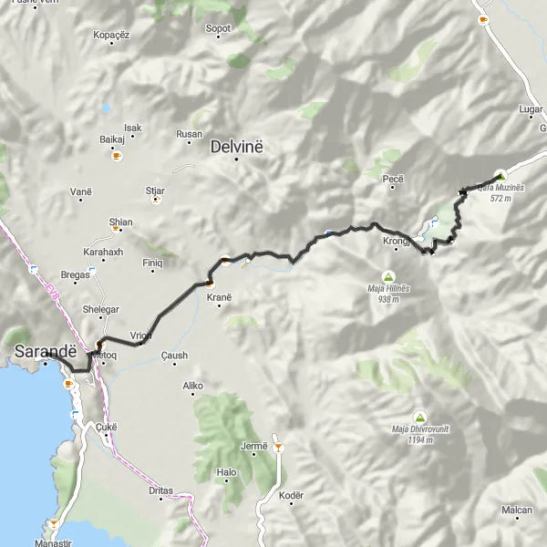 Map miniature of "Sarandë Road Cycling Route" cycling inspiration in Jug, Albania. Generated by Tarmacs.app cycling route planner