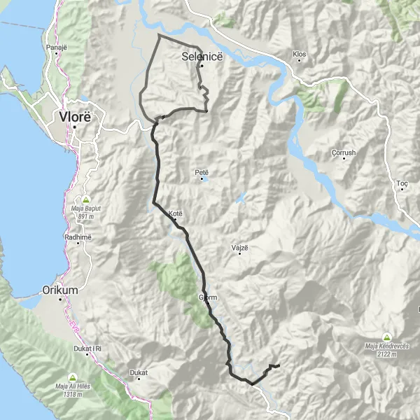 Map miniature of "Mountaineering Adventure in Selenicë" cycling inspiration in Jug, Albania. Generated by Tarmacs.app cycling route planner