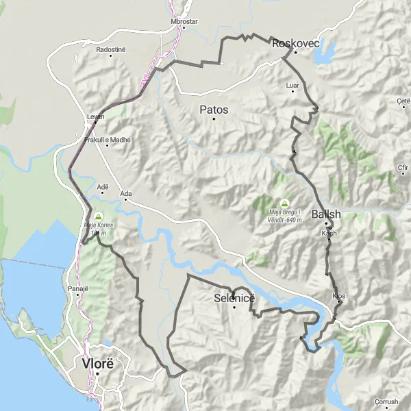 Map miniature of "Mountain Passes and Coastal Splendor" cycling inspiration in Jug, Albania. Generated by Tarmacs.app cycling route planner