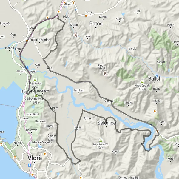 Map miniature of "The Mighty Mountains of Selenicë" cycling inspiration in Jug, Albania. Generated by Tarmacs.app cycling route planner