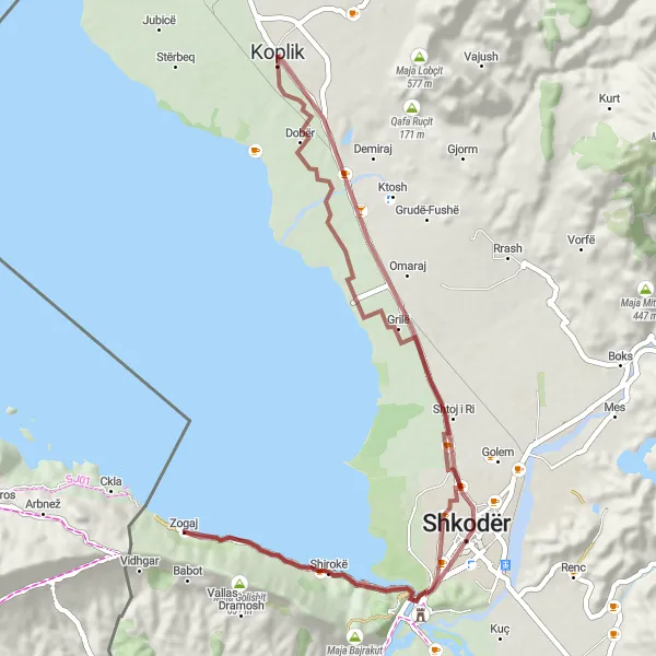 Map miniature of "Gravel Adventure: Shkoder to Koplik Loop" cycling inspiration in Veri, Albania. Generated by Tarmacs.app cycling route planner