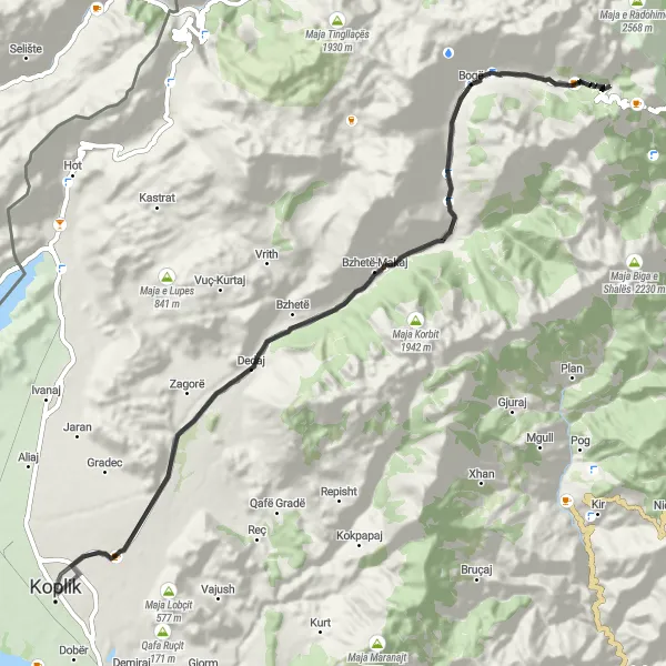 Map miniature of "Koplik to Maja Gollobordës Loop" cycling inspiration in Veri, Albania. Generated by Tarmacs.app cycling route planner