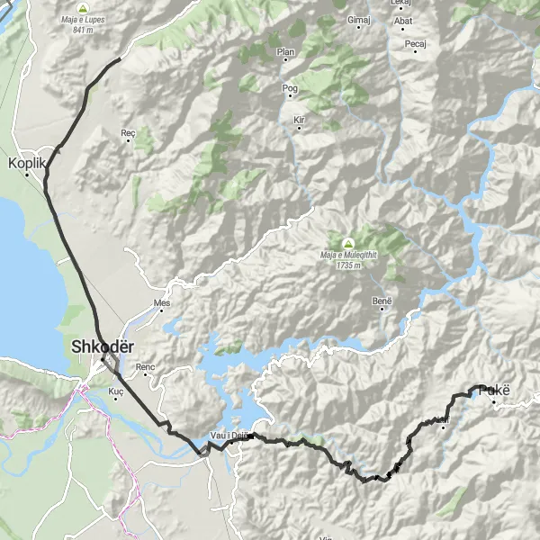 Map miniature of "Pukë and Maja Bokes Loop" cycling inspiration in Veri, Albania. Generated by Tarmacs.app cycling route planner