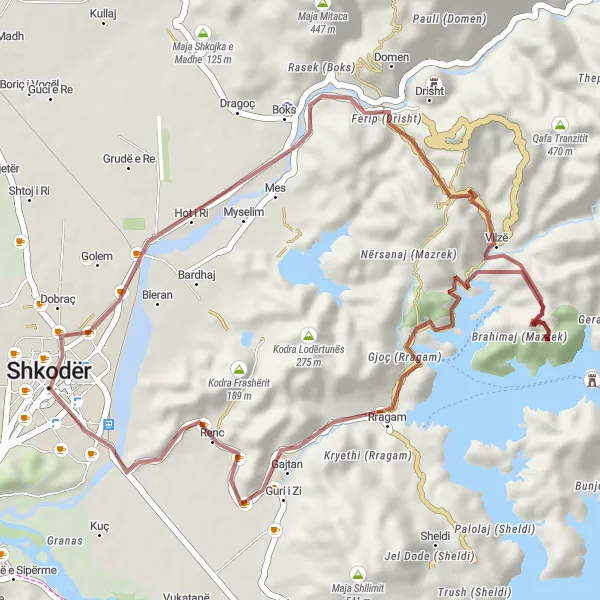 Map miniature of "Shkodër to Rragam Gravel Loop" cycling inspiration in Veri, Albania. Generated by Tarmacs.app cycling route planner