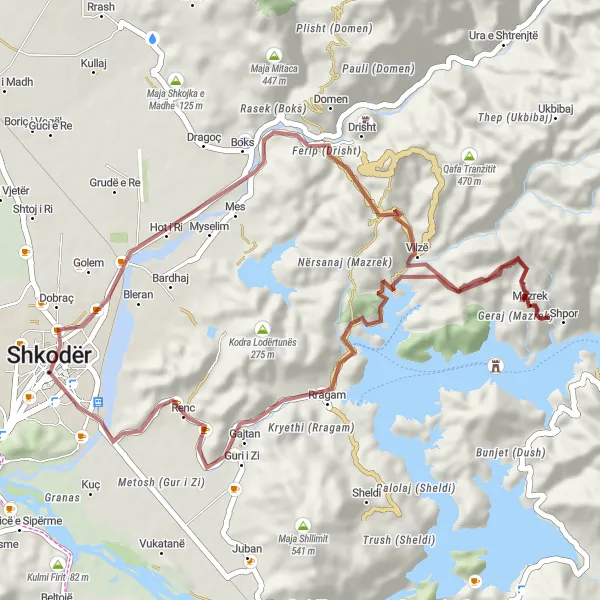 Map miniature of "Shkodër Gravel Escape" cycling inspiration in Veri, Albania. Generated by Tarmacs.app cycling route planner