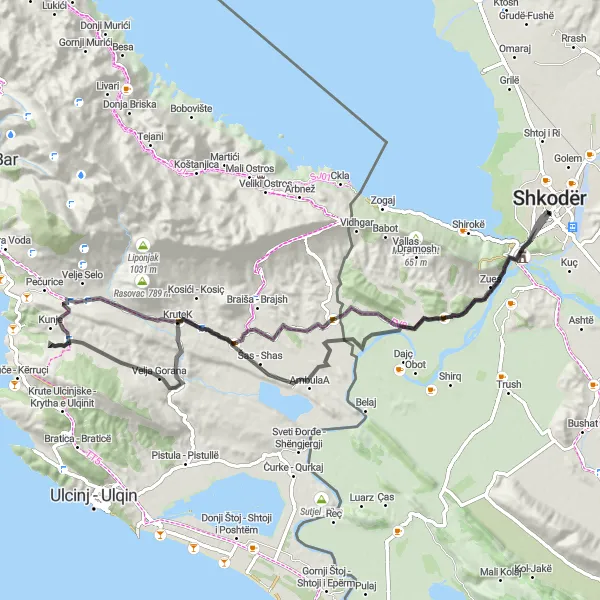 Map miniature of "The Road to Adventure" cycling inspiration in Veri, Albania. Generated by Tarmacs.app cycling route planner