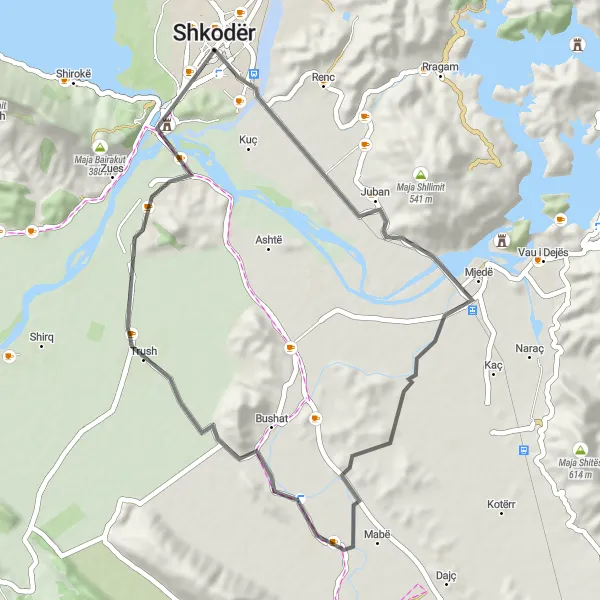 Map miniature of "Shkodër to Barbullushit Loop" cycling inspiration in Veri, Albania. Generated by Tarmacs.app cycling route planner