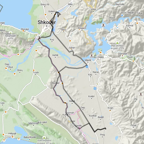 Map miniature of "Shkodër Castle Circuit" cycling inspiration in Veri, Albania. Generated by Tarmacs.app cycling route planner