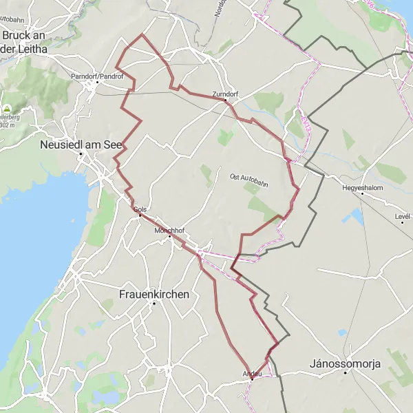 Mapa miniatúra "Gravelová cyklotrasa cez Andau" cyklistická inšpirácia v Burgenland, Austria. Vygenerované cyklistickým plánovačom trás Tarmacs.app