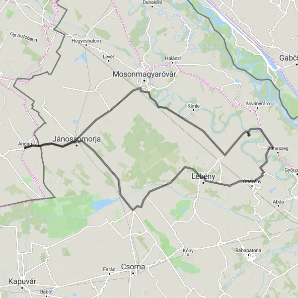 Miniatua del mapa de inspiración ciclista "Ruta de ciclismo de carretera desde Andau a través de Jánossomorja, Moson, Mecsér, Lébény y Bősárkány" en Burgenland, Austria. Generado por Tarmacs.app planificador de rutas ciclistas
