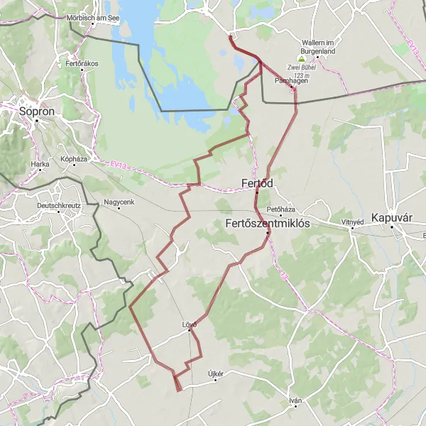 Map miniature of "Fertőd and Pinnye Gravel Adventure" cycling inspiration in Burgenland, Austria. Generated by Tarmacs.app cycling route planner