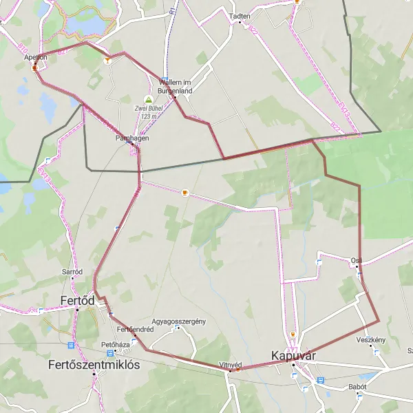 Zemljevid v pomanjšavi "Gravel kolesarska pot do Fertőendréd" kolesarske inspiracije v Burgenland, Austria. Generirano z načrtovalcem kolesarskih poti Tarmacs.app